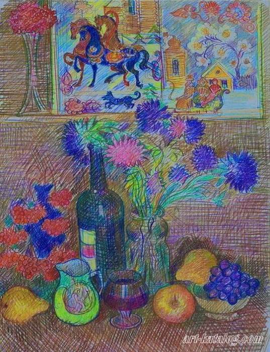 Still life with flowers and Gorodets painted