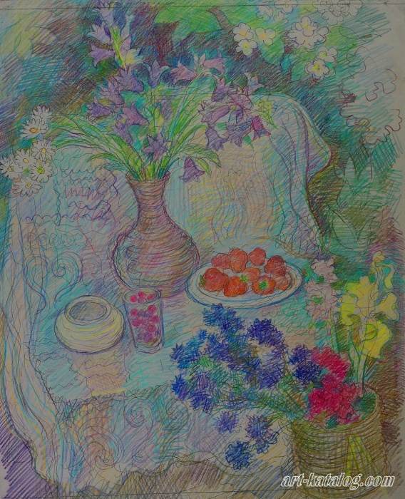 Still Life with Flowers and Strawberry