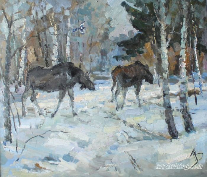 Winter forest with moose
