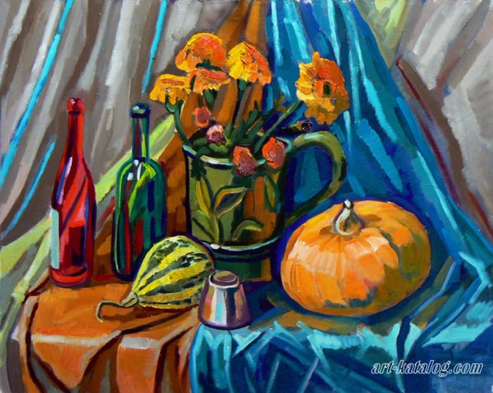 Still life with flowers and pumpkins
