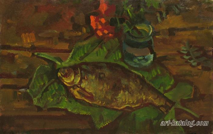 Still life with fish on the leaves