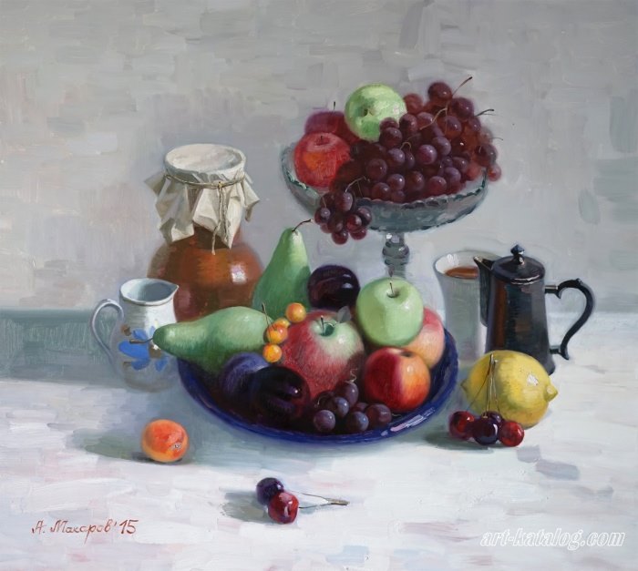Grapes, blue cup and coffee pot