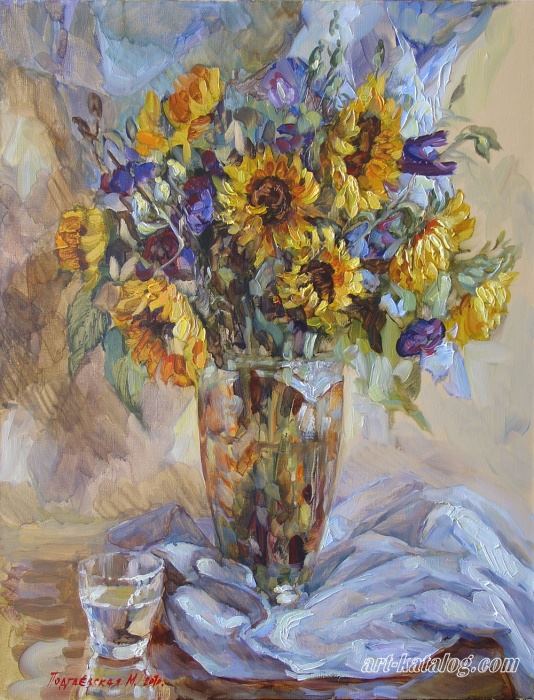 Sunflowers on the blue drapery