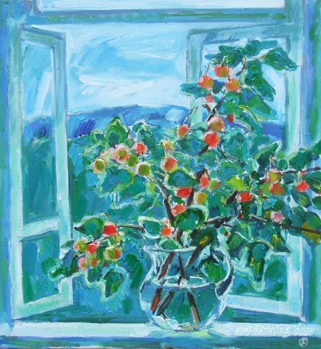Window. Apple tree branch