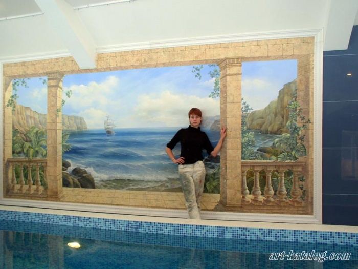 Seascape. Wall painting in the pool
