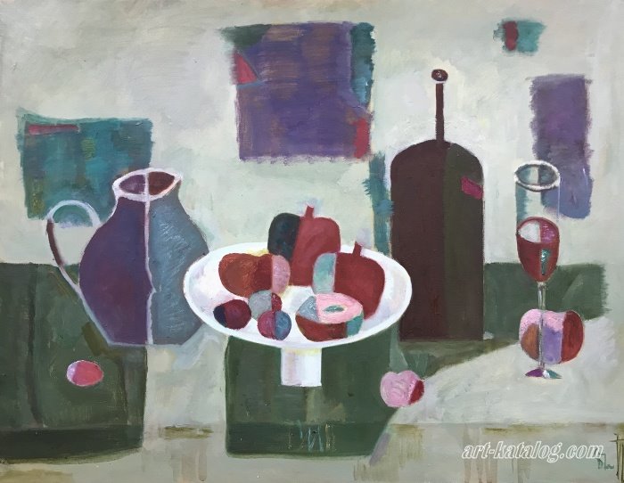 Bottle, pomegranates and jug