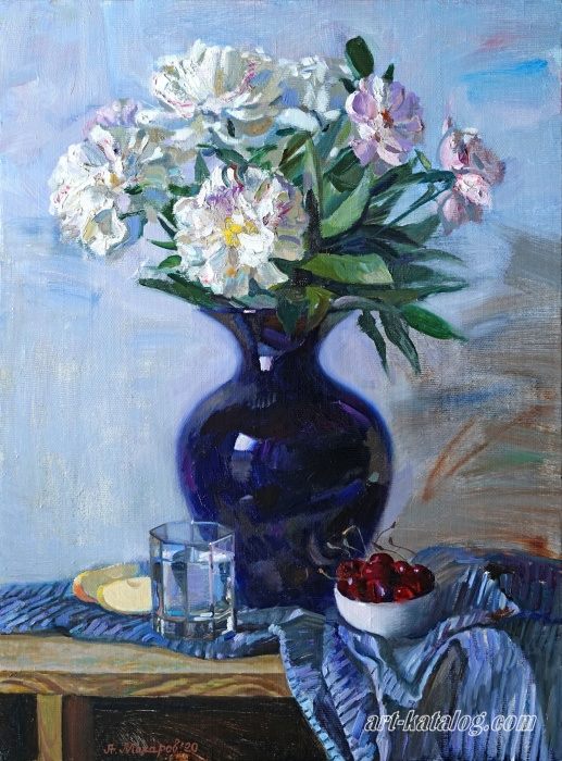 White peonies and a glass of water