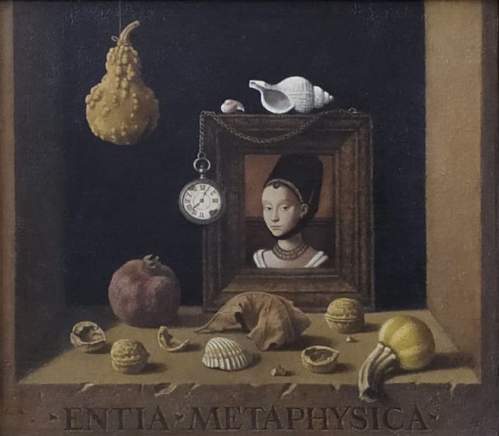 Still life with a portrait of a medieval lady