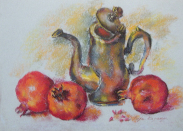 Still life with pomegranates and an antique teapot