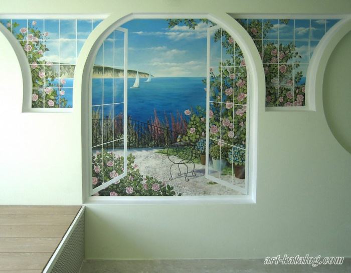 View of the sea. Wall painting in the bedroom