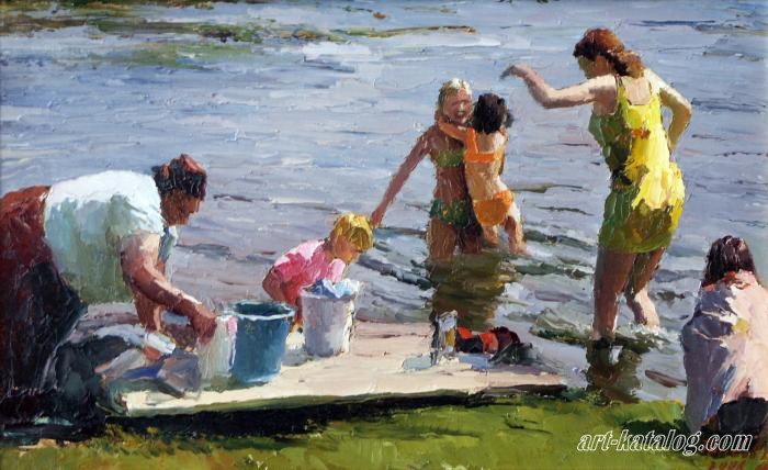 Женщины стирают на речке. Купание в реке живопись.
