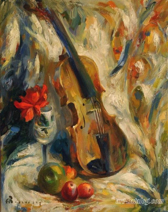 Violin and red flower