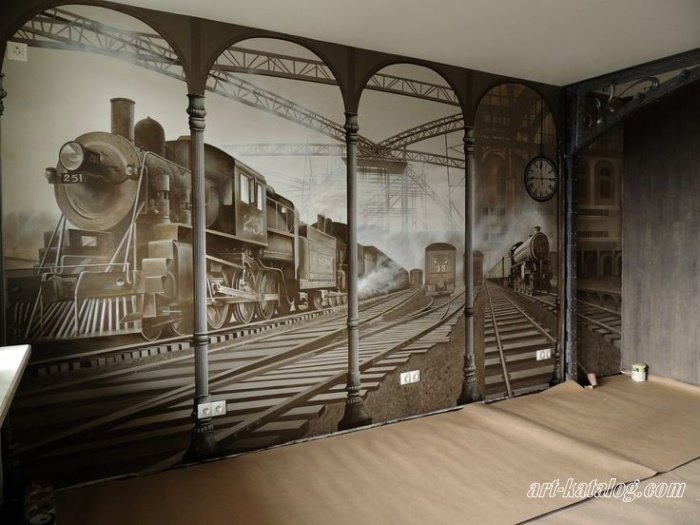 Locomotive depot. Wall painting in living room
