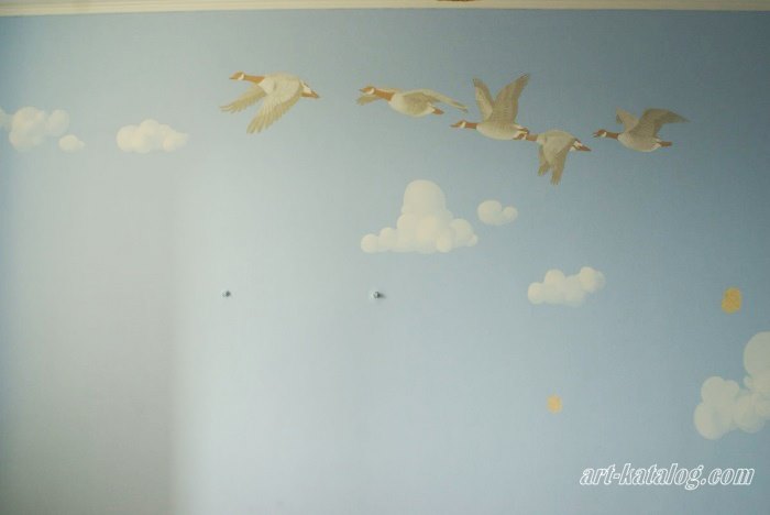 Wall painting in the nursery. Sky