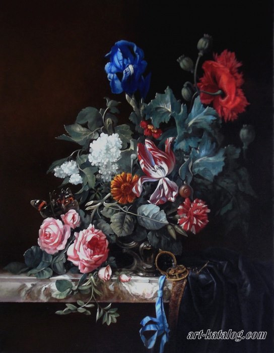 Цветочный натюрморт с часами. Виллем ван Альст