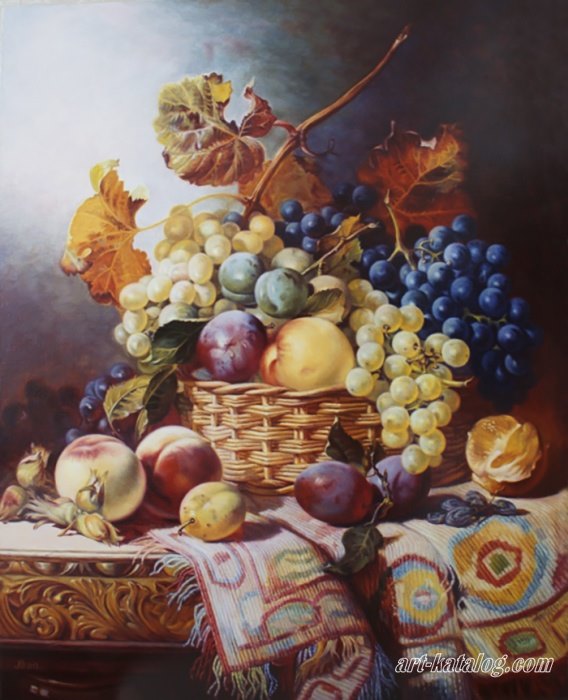 Still life with a basket of fruit on a table with a carpet. William Duffield