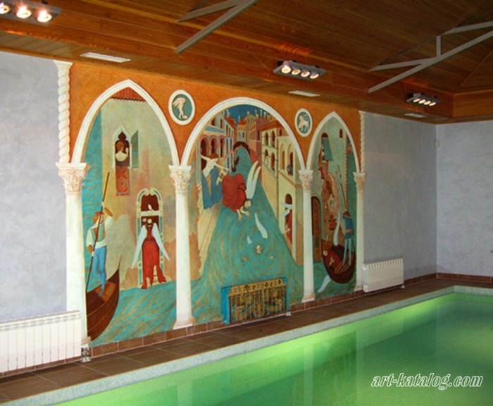 Mural in swimming pool, Decameron, Story of monk Albert