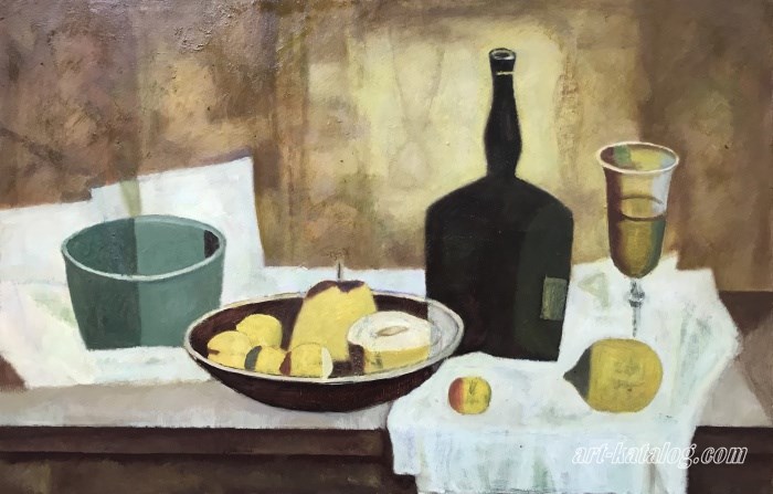 Still life with a bottle and lemon