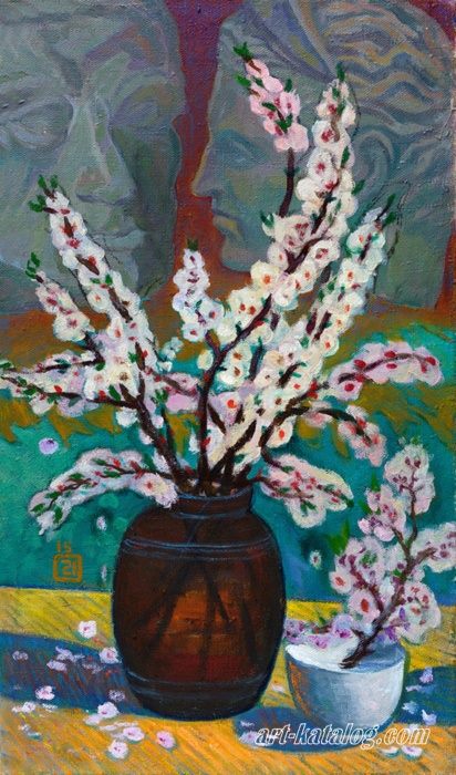 Still life with branches of blossoming apricot