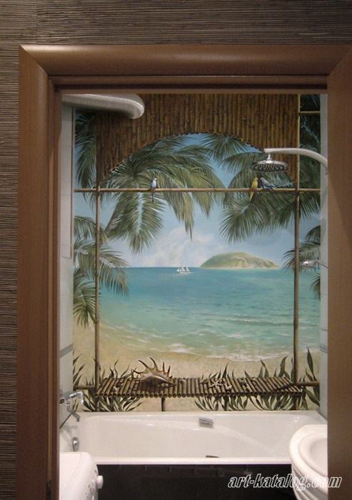 Paradisiacal beach. Wall and ceiling painting in the bathroom