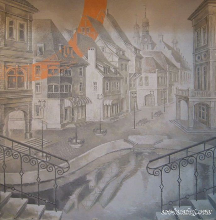 Old city. Wall painting in apartment