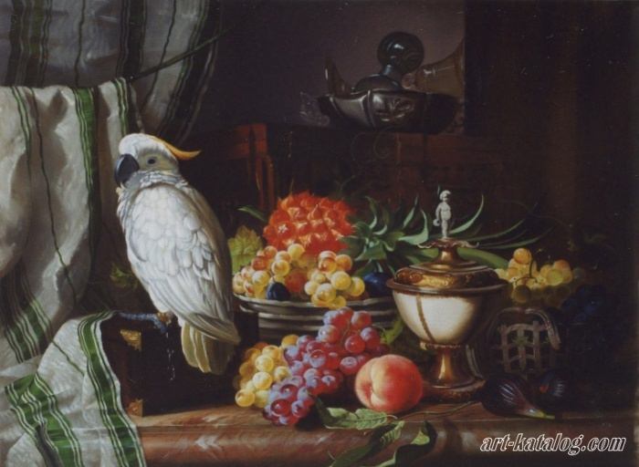 A Cockatoo Grapes Figs Plums a Pineapple and a Peach. Josef Schuster