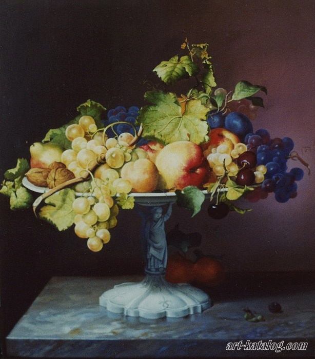 A Still Life With A Bowl Of Fruit On A Marble Table. Johann Wilhelm Preyer