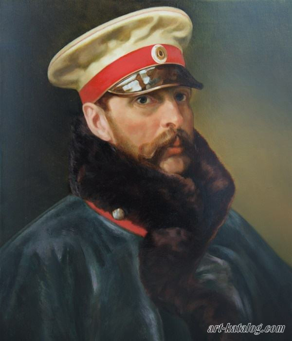 Портрет царя Александра II в шинели и фуражке императорского конно-гвардейского полка
