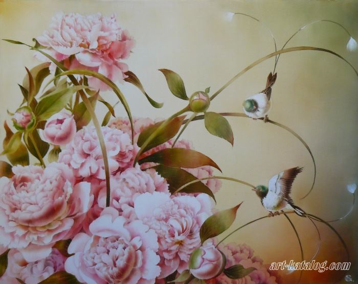 Peonies and Chinese birds