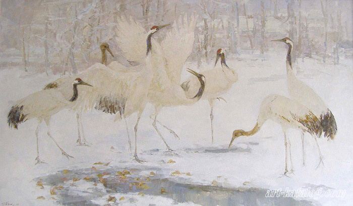 Red-crowned cranes. Winter