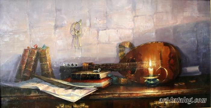Still life with lute and books