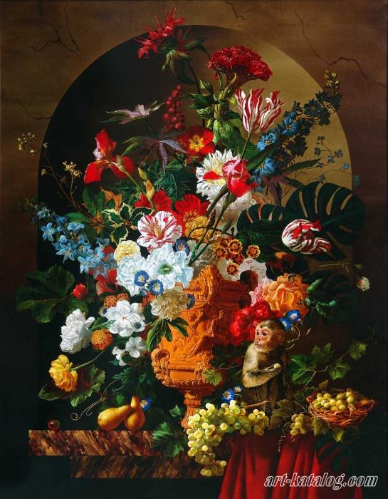 Натюрморт с обезьянкой, цветами и фруктами