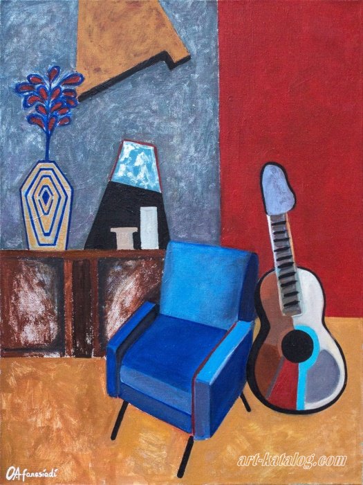 Интерьер с синим креслом и гитарой