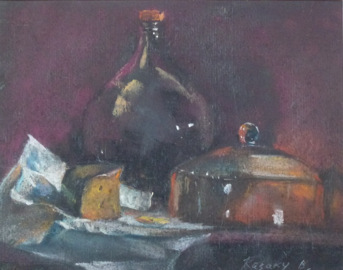 Still life with cheese and glass bottle