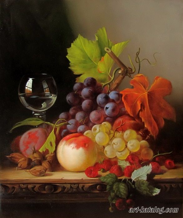 Корзина с виноградом, малина, персики и бокал с вином на столе. Эдвард Ладелл